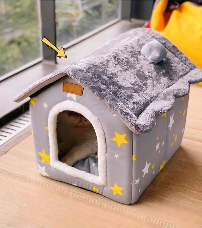 Scnbom Dog House Indoor Puppy Cave Cat Nest Kennel Pet Bed Portable Memory Sponge Foldable Houses with Cushion (Grey, L:Size fits 14kg/30lbs (Pets))