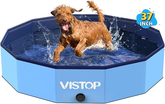 VISTOP Medium Foldable Dog Pool, Hard Plastic Shell Portable Swimming Pool for Dogs Cats and Kids Pet Puppy Bathing Tub Collapsible Kiddie Pool (37 inch.D x 7.8inch.H, Blue)