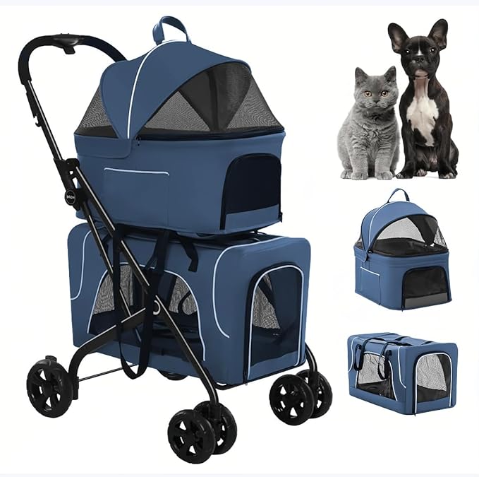 Pet Stroller with 2 Detachable Carriers, Folding Design, Large Capacity for Cats and Small Dogs, Navy, Medium