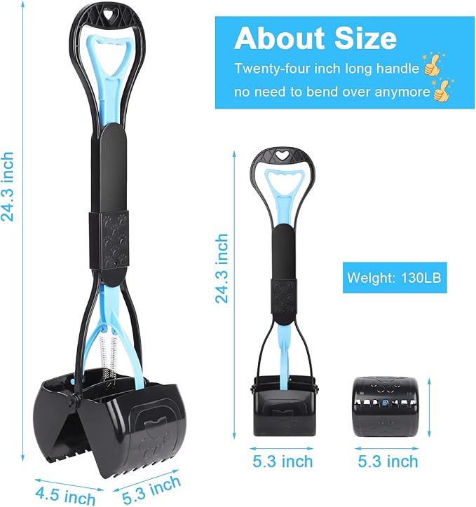 PPOGOO Non-Breakable Pooper Scooper for Large Medium Small Dogs with 24.3inch Long Handle High Strength Material Durable Spring, Easy Grass and Gravel Pick Up