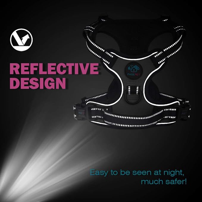 PHOEPET No Pull Dog Harness Medium Reflective Front Clip Vest with Handle,Adjustable 2 Metal Rings 2 Buckles(XL, Grey)