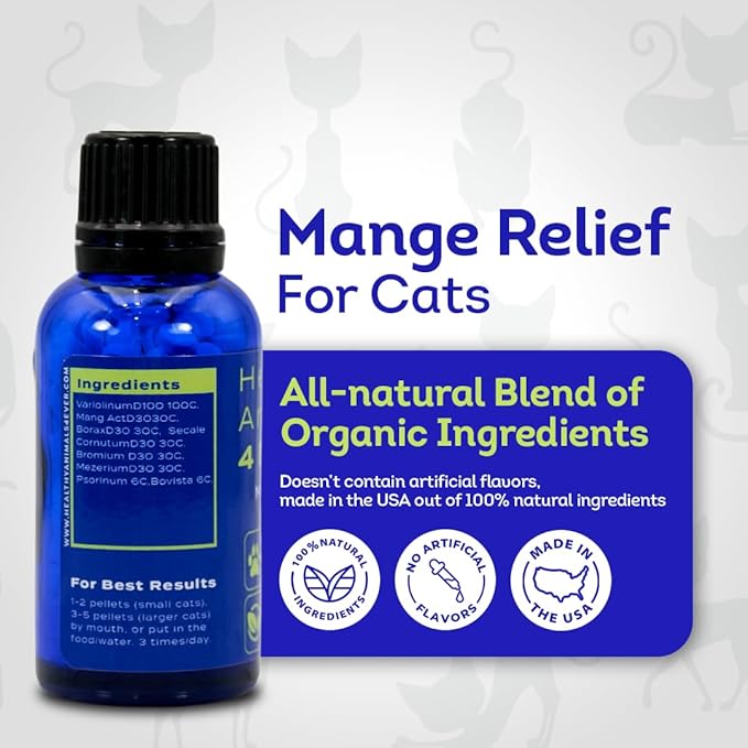 HA4E - Mange Relief for Cats - Treatment for Itchiness, Scabs, & Hair Loss Caused by Mites - All-Natural, Homeopathic, Non-GMO, Organic, Gluten, Preservative & Chemical Free - 300 Tablets