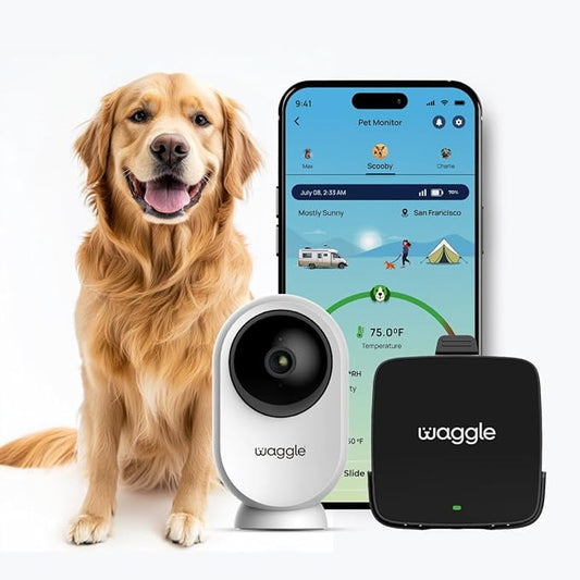 Waggle Dog Temperature Monitor & Pet Camera Bundle for RVs - Portable WiFi Cam (128GB) with Motion Alert & Remote Access | Watch Pets While Travelling
