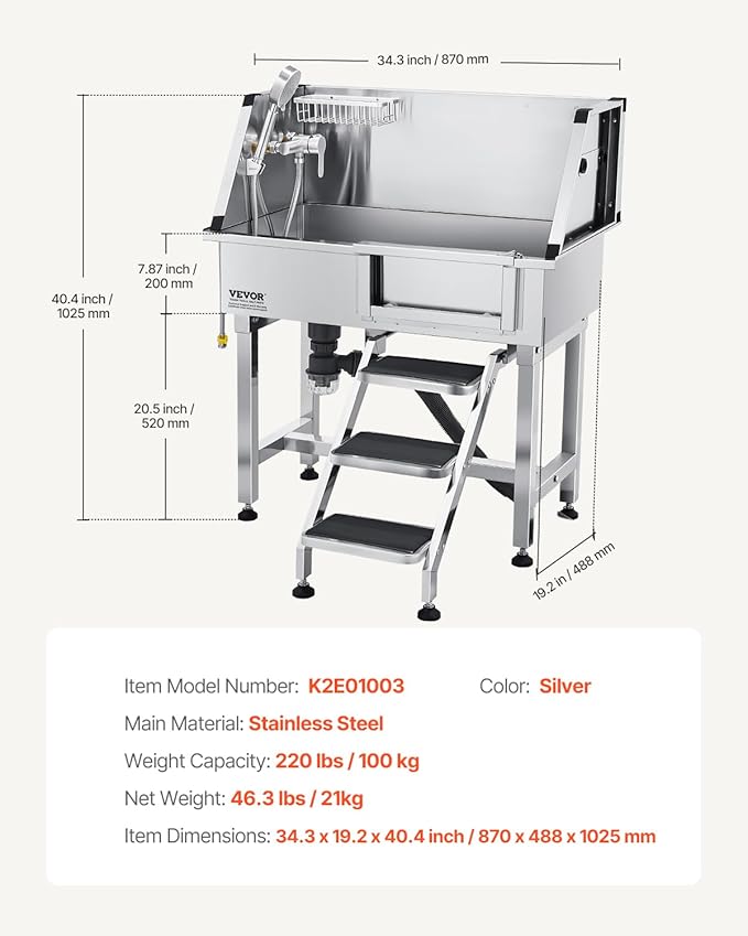 VEVOR Stainless Steel Dog Washing Station, 34 inch Pet Grooming Tub w/Storage Stairs, Faucet & Showerhead & Soap Holder Dog Bathtub, Pet Wash Station for Small Pets (Right Door)