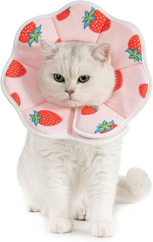 Avont Soft Cat Recovery Cone Collar, Adjustable Lightweight Kitten E-Collar for Small Dogs, Comfortable Neck Donut Stop Licking Scratching After Surgery -Strawberry(S)