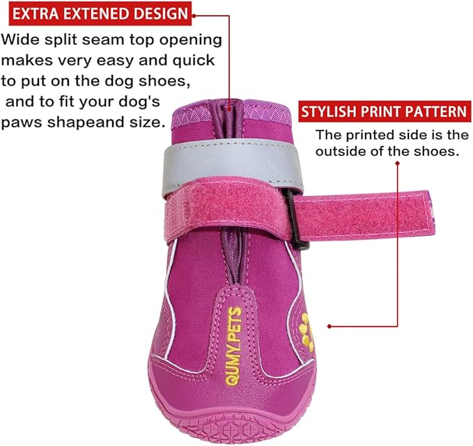 QUMY Dog Shoes for Large Dogs, Medium Dog Boots & Paw Protectors for Winter Snowy Day, Summer Hot Pavement, Waterproof in Rainy Weather, Outdoor Walking, Indoor Hardfloors Anti Slip Sole Purple Size 7
