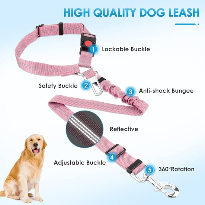 SlowTon Dog Seat Belt for Car, 2 Pack Dog Car Harness Seatbelt Adjustable with Elastic Bungee Buffer, 2 in 1 Pet Car Leash Headrest Restraint Dog Reflective Safety Tether (Pink, Headrest+Clip)