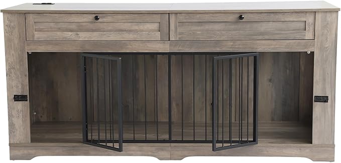 Large Dog Crate Furniture-Decorative Heavy Duty Dog Cage Indoor, Wooden Dog Cage End Table with Charging Station, Dog House with 2 Drawers (Gray, 70.86''L)