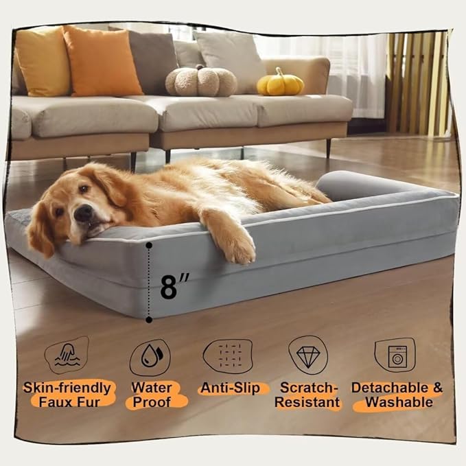 Large Dog Bed Orthopedic Washable - Beds Bolster Pet - XXL XXLarge Big Dogs - Memory Foam - Couch Sofa - Waterproof with Removable Cover - Grey Dog Bed