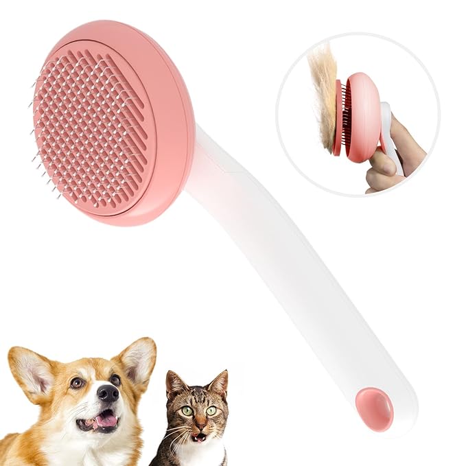 Slicker Brush for Cats & Dogs, Pet Grooming Self Cleaning Brush for Shedding, Cat Deshedding Brush Easily Removes Tangles Hair and Loose Undercoat, Pink