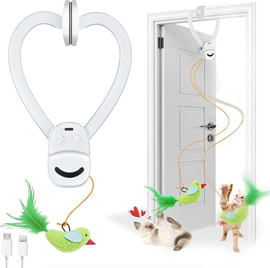 Interactive Cat Toys for Indoor Cats Automatic Electric Flying Bird Feather Wand Toy - Best Kitten & Adult Cat Enrichment Stimulation Toy Hanging Electric Kitty Toys for Bored Cats（White）