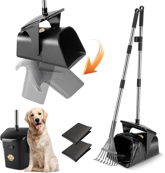 Pooper Scooper for Large Dogs Heavy Duty Swivel Bin & Rake with 20 Waste Bag for Large Medium Small Dogs, Easy to Clean Pet Waste Use on Grass, Dirt, Gravel or Flats