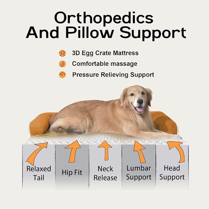 Large Dog Bed Orthopedic Washable, Orthopedic Dog Beds for Large Dogs, Washable Cover Removable Bolster and Non-Slip Bottom Pet Beds, XL XLarge Extra Large Dogs - Orange