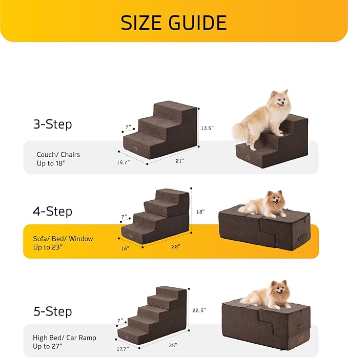 Dog Stairs for High Bed, Dog Steps for Bed Couch Sofa, 35D Foam Pet Steps for Small Dogs and Cats, Extra Wide Pet Stairs with Non-Slip Bottom Brown, 5 Steps