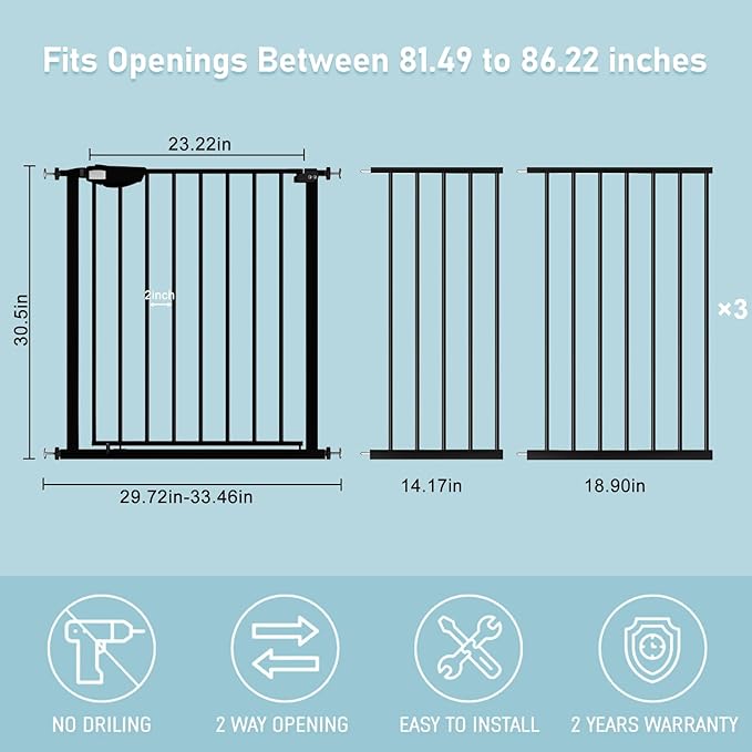 WAOWAO Triple Lock Baby Gate Extra Wide 81.49-86.22" Pressure Mounted Walk Through Swing Auto Close Safety Black Metal Dog Pet Puppy for Stairs,Doorways