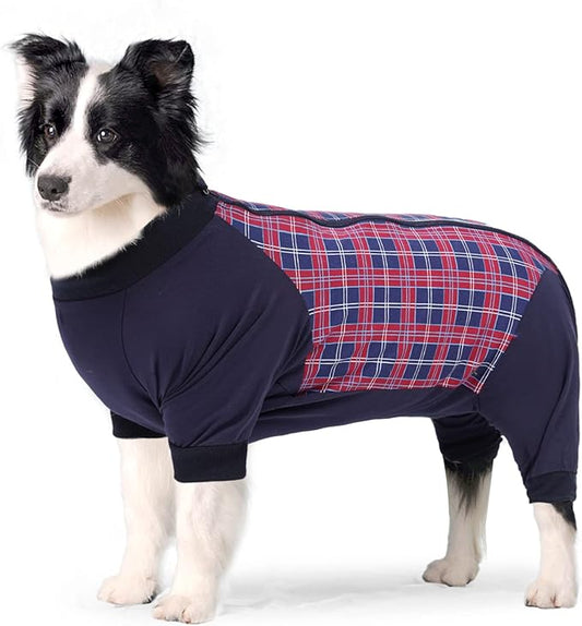 Dog Recovery Suit, Abdominal Wound After Surgery Wear, Anti Licking Bodysuit with Zipper, E-Collar & Cone Alternatives, Plaid Dog Spay Surgical Onesie Prevent Shedding(3XL, Red)