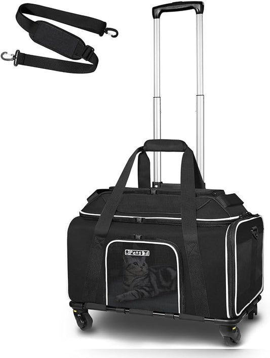 Petskd Top-Expandable Pet Carrier with Wheels 17x12x8.5 Inches JetBlue Allegiant Spirit Airline Approved, Soft-Sided Carrier for Small Cat Dog with Locking Safety Zippers and Anti-Scratch Mesh(Black)