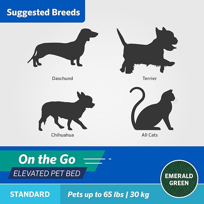 Coolaroo On-The-Go Elevated Dog Bed - Foldable Pop-Up Travel Dog Bed with Breathable, Moisture-Resistant Fabric, Carry Bag Included, Lightweight & Portable, Emerald Green, Standard