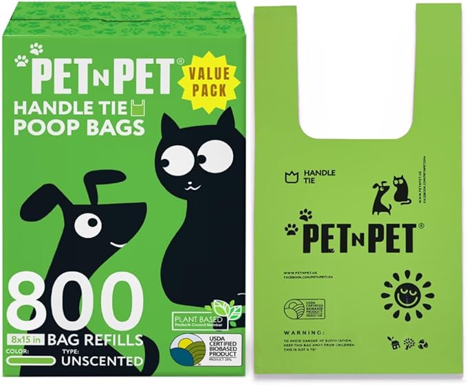 Pet N Pet 800 Counts Unscented Dog Poop Bags Rolls with Tie Handles, 38% Plant Based & 62% PE Poop Bags for Dogs, Extra-Thick Doggie Poo Bag, Pet Waste Bag