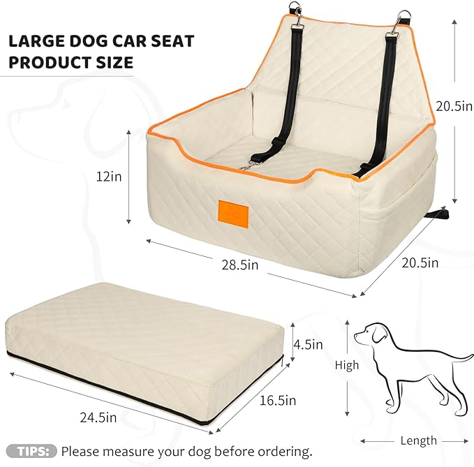 Dog Car Seat for Large/Medium Dog, Booster Seat Under 55Lbs or 2 Small Dogs, Detachable and Washable Travel Pet Seat with Thick Cushion and Storage Pockets (Beige)