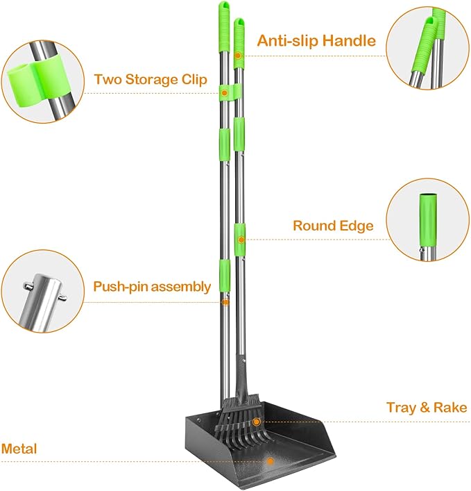 TOOGE Larger Pooper Scooper for Large Dogs, Dog Pooper Scooper Long Handle Stainless Metal Tray and Rake Set for Large Medium Small Dogs Heavy Duty (Green) (Extra Large)