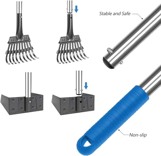 QiMH Upgraded Dog Pooper Scooper Extra Large, Adjustable Long Handle Stainless Metal Pet Poop Tray and Rake Set for Large Medium Small Dogs, Dog Waste Removal Bin Rake, Great for Grass, Street, Gravel