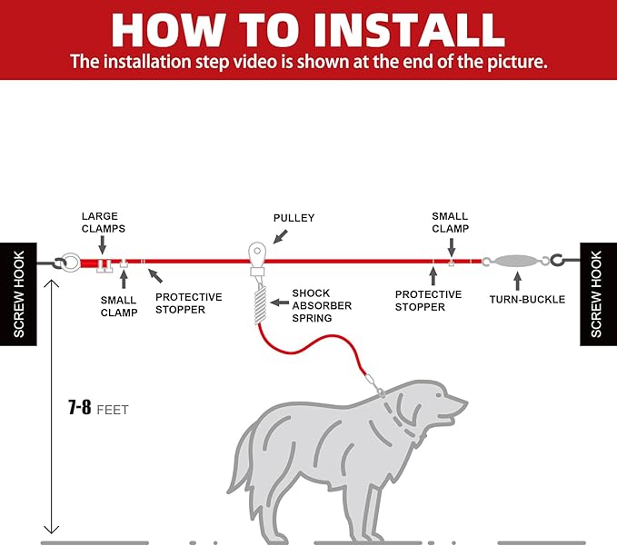 PUPTECK Outdoor Dog Run Cable for Small to Large Dogs up to 125lbs, Heavy Duty Tie Out Cable Trolley System with Runner Pulley Cable Zip Line for Yard, Camping, Long Lead Chain Leash