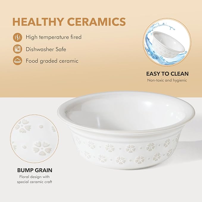 6.3inch Ceramic Set of 2 Dog Bowls, Food and Water Bowls for Small and Medium Dog, 2pcs Basic Dog Bowl, Wide Opening Rounded Edge (2 Bowls, Reactived Glaze -White)