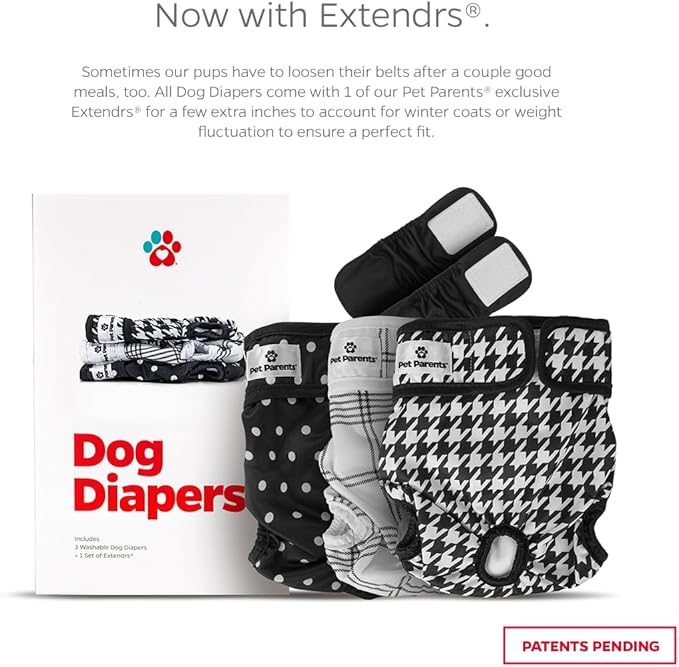 Pet Parents® Washable Dog Diapers (3pack) + Extendrs® of Durable Doggie Diapers, Premium Dog Diapers Female (Large, Luxe)