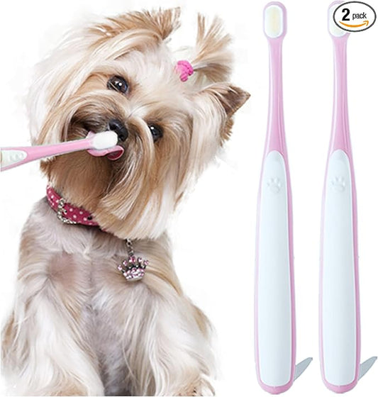 Small Dog Toothbrush, Cat & Puppy Tooth Brushing Kit, Ultra Soft & Mini Head Teeth Brush for Kitten & Tiny Pet, Doggy Toothbrushes Deep Dental Cleaning, 2 PCS - Pink Color