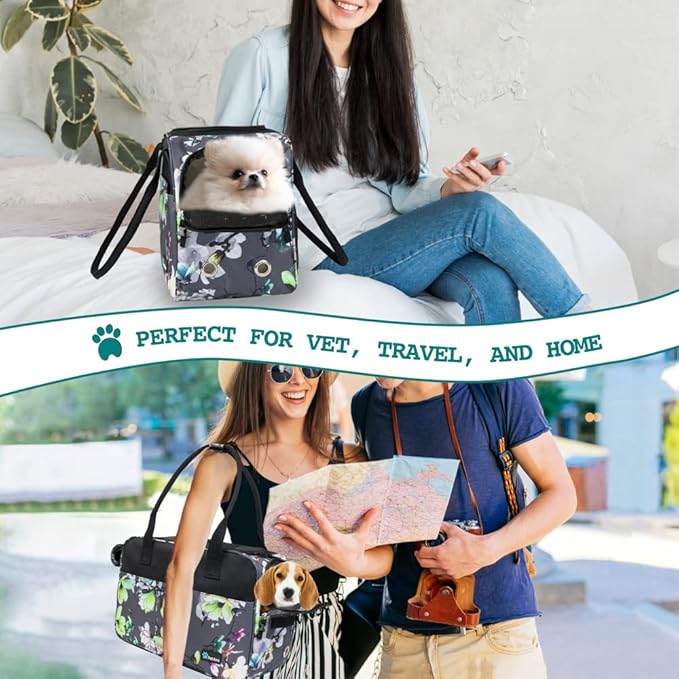 PetAmi Dog Purse Carrier for Small Dogs, Airline Approved Soft Sided Pet Carrier with Pockets, Ventilated Dog Carrying Bag for Puppy Cat, Dog Travel Supplies Bag, Sherpa Bed, Max 12 lbs, Floral Gray