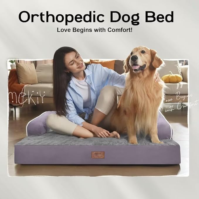 Large Dog Bed Orthopedic Washable, Orthopedic Dog Beds for Large Dogs with Washable Cover, Removable Bolster and Non-Slip Bottom Purple Pet Beds for XXXLarge Extra Large Dogs