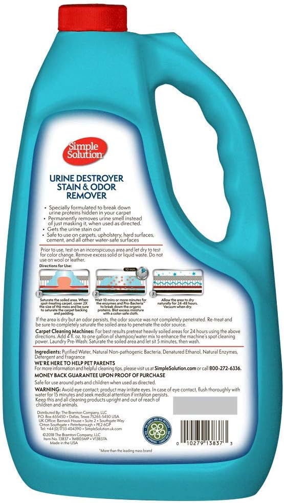 Simple Solution Urine Destroyer for Pets, Strong Odor, Enzyme Pet Odor Eliminator for Home, Floor Cleaner, Stain Remover for Cats & Dog Pee, Cat Urine Destroyer, Carpet Cleaner Spray, 1 Gallon