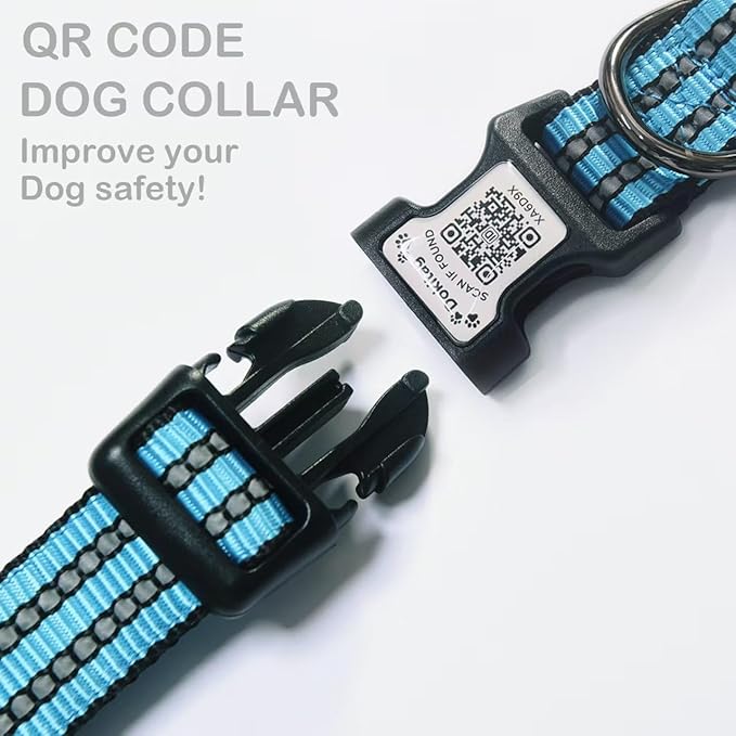 Reflective Dog Collar with Apple AirTag Holder & QR Code Pet ID Tag,Soft Nylon Adjustable Dog Tracker Collar with Safety Lock for Large Dogs(Blue, L（16"-26"）)