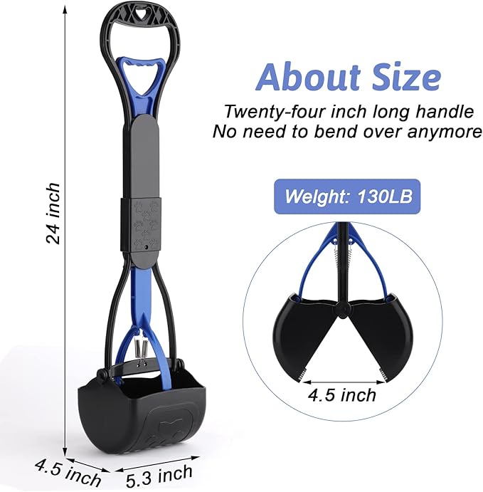 PPOGOO Non-Breakable 2PCS Pooper Scoopers for Large Medium Small Dogs with 24.3inch Long Handle High Strength Material Durable Spring, Easy Grass and Gravel Pick Up Blue and Orange