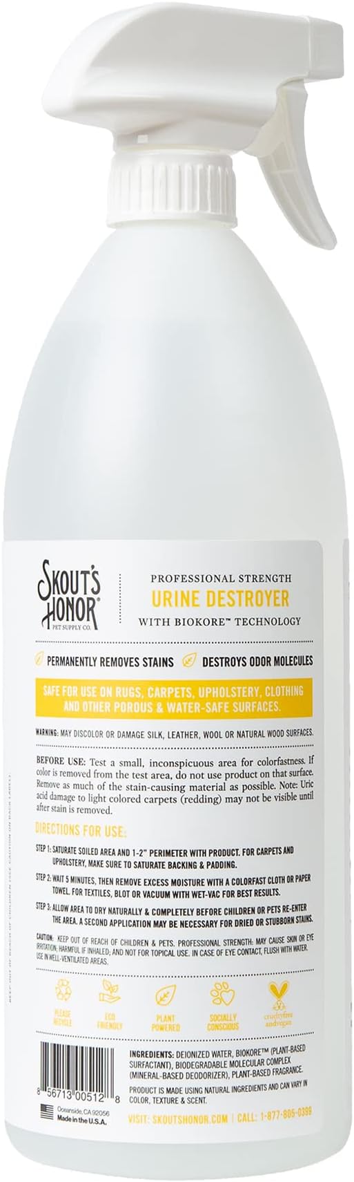 Skout's Honor Dog Urine Destroyer, Professional Strength, Plant-Powered, Cruelty-Free Urine Eliminator for Carpets and Indoor Living Spaces, 35 oz