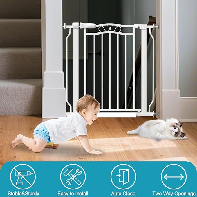Extra Wide Dog Gate for Doorways 62.6-72 in, Walk Through Long Baby Gates for Large Openings, No Drill Child Safety Gate for Pets Kids Toddler, Doggy Barrier Indoor Metal, 30" Tall White
