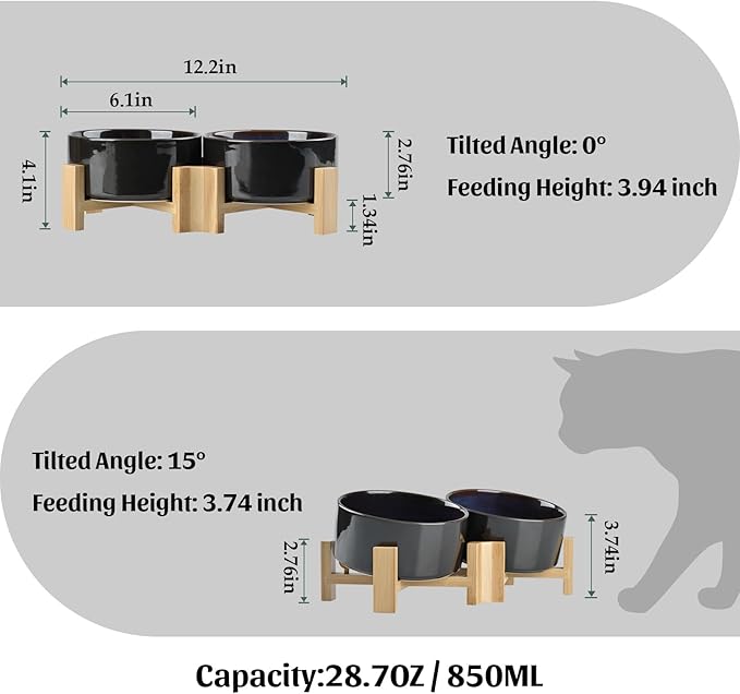 SPUNKYJUNKY 15° Slanted Ceramic Dog and Cat Bowl with Wooden Stand, Tilted Bulldog Food and Water Bowl No Slip Non-Spill for Cats Medium Dogs Big Face Pets 28.7 OZ (3.6 Cups, Starry Blue × 2)