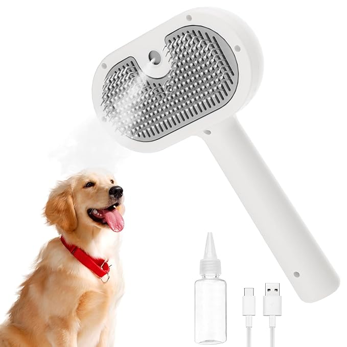 Pet Steam Brush for Dog & Cat – 3-in-1 Spray Hair Removal Comb – Steam Brush for Shedding & Grooming – Water for Long & Short Haired Pets – Spritz Defur Comb (Green)
