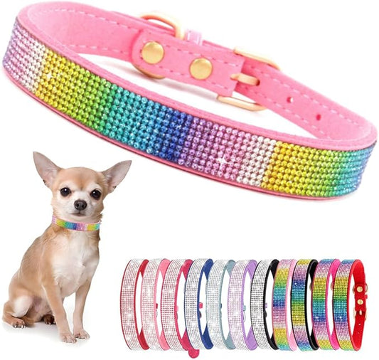 Rhinestone Dog Collar for Small Dogs, Bling Diamond Fancy Crystal Glitter Pretty Jewel Pet Puppy Collars for XXS XS Small Medium Large Breed Girl Dogs Female Cats Kitten, Colorful Pink S