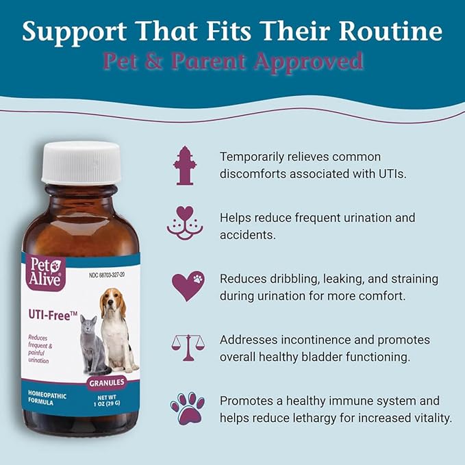 PetAlive Cat and Dog UTI Treatment - Homeopathic Remedy for Dog and Cat UTI Treatment - Supports Bladder Comfort, Reduces Dribbling, Incontinence, Eases Frequent Urination - 1 oz Granules