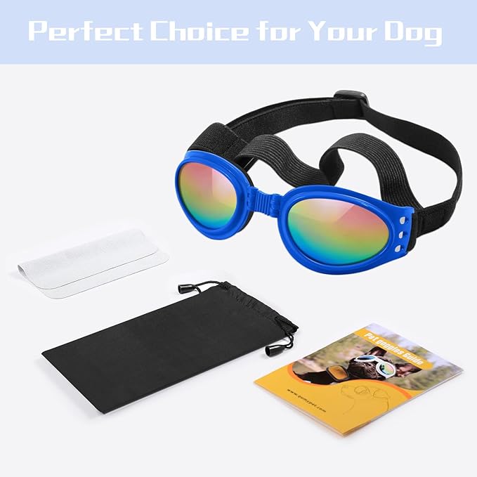 QUMY Dog Sunglasses Dog Goggles for Medium Large Breed Dogs, Wind Dust Fog Protection Eye Wear Pet Glasses with Adjustable Strap for Motorcycle Car Driving Bike Riding Hiking Swimming Over 15lbs Blue