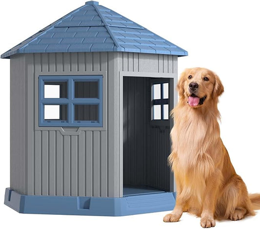 Vixzen Large Outdoor Dog House,Durable Water Resistant Resin Dog House,Doghouse for Small to Large Dogs Indoor or Outside,with Openable Windows and Elevated Floor,Blue