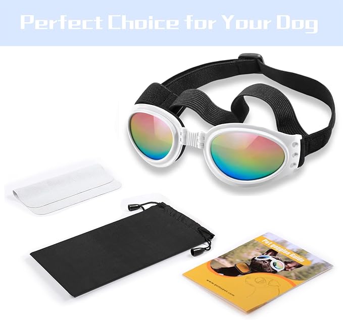 QUMY Dog Sunglasses Dog Goggles for Medium Large Breed Dogs, Wind Dust Fog Protection Eye Wear Pet Glasses with Adjustable Strap for Motorcycle Car Driving Bike Riding Hiking Swimming Over 15lbs White