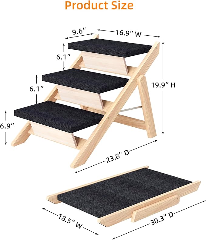 Dog Stairs/Ramp for Bed, Wooden Convertible Pet Steps, Portable Dog Ladder Up to 180 Pound for Elderly/Short-Legged Dogs, 3 Steps for Beds, Couch, Cars