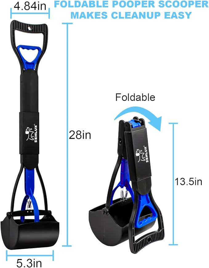 SZHLUX 28" Pooper Scooper, Foldable Dog Pooper Scooper with Unbreakable Material and Durable Spring for Grass and Gravel, Blue
