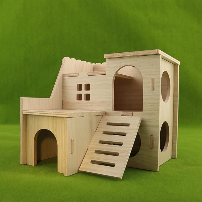 Tiny Hamster Maze Wood House Fun Slide House Double-Decker Hut for Dwarf Gerbil Mouse Mice Rat Small Animals(Only for Small Hamster)