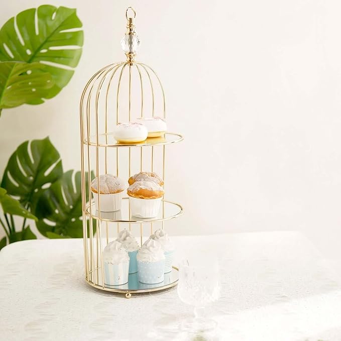 Efavormart 22" - 3 Tier Crystal Mirror Top Gold Metal Bird Cage Cupcake Cake Stand, Dessert Display for Wedding, Party, Birthday, Baby Shower Celebrations, Home Decorations