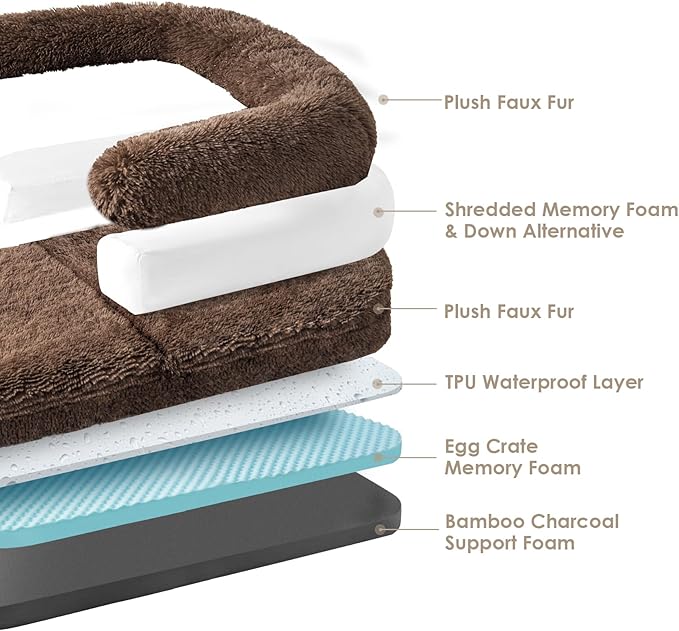 EHEYCIGA Foldable XL Dog Bed, Faux Fur Fluffy Pet Couch Bed for Large Dogs, Orthopedic Calming Memory Foam Big Pet Bed, Washable Soft Pet Sofa Bed with Non-Slip Bottom, Brown, 46"x34"x6.5"