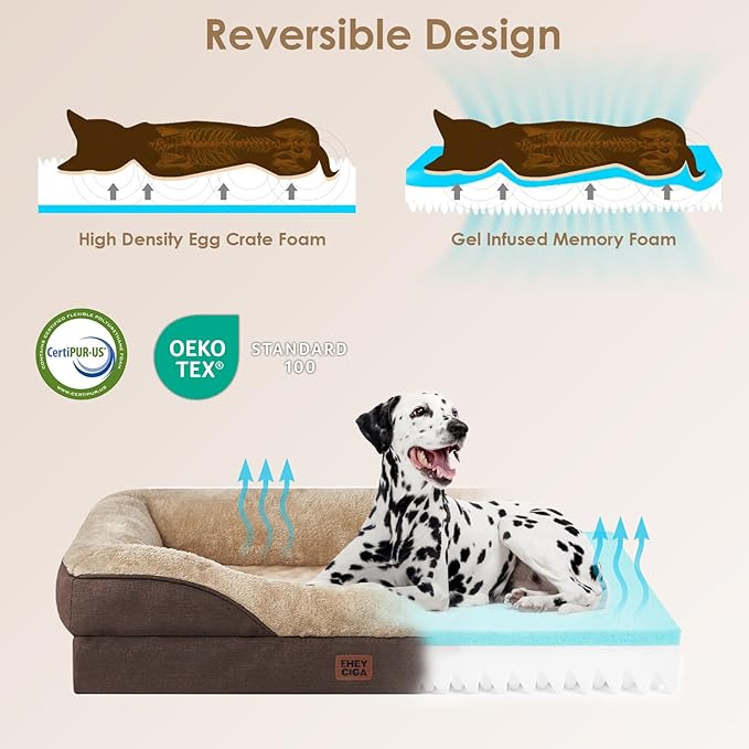 EHEYCIGA Memory Foam Dog Bed for Large Sized, Orthopedic Dog Sofa with Sides and Waterproof Liner, Washable Bolster Pet Couch with Removable Cover, 41x27x7.5 Inch, Brown
